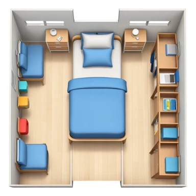 top-down view of teenage bedroom layout with bed, desk, closet, and storage sticker