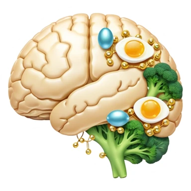 Glowing brain and liver connected by a pearlescent capsule, surrounded by choline-rich foods: eggs, liver, fish, and broccoli. Golden waves showing neural connections flow from the brain, with all elements having an ethereal glow representing cognitive benefits. sticker