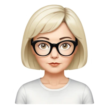 white woman, about 50 years old, light warm skin, short black bob haircut with slight waves at ends, neutral-determined expression, large black shiny butterfly or cat-eye glasses, white casual t-shirt, calm and creative energy sticker