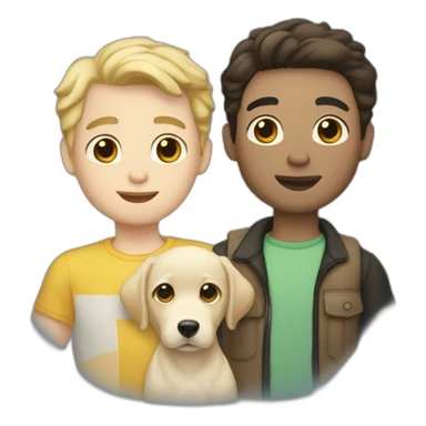 gay couple, both are white, the 1st is brunnet with slightly-curly hair, the 2nd man has black hair and is white, they are holding one light yellow labrador retriever puppy sticker