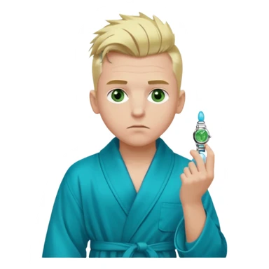 A white man with green eyes, medium-length blond hair in a low mohawk, wearing a blue Cartier watch on his wrist and a luxurious black and white bathrobe, appearing to be about 14 years old, with messy hair and a white pacifier in his mouth. sticker