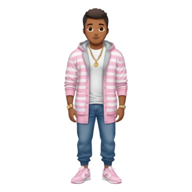 Handsome Black guy with brown skin tone, with muscular build, wearing long baggy dark denim jeans, a white t-shirt, pink and gray striped fuzzy cardigan, white Nike sneakers, a gold watch, and a dainty chain sticker