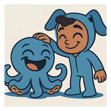 Change the octopus to have a laughing expression with closed eyes and big grin, while the human keeps a gentle smile. Cartoon style, keep the same pose. sticker