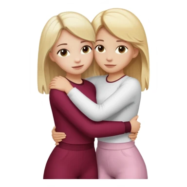 two girls who hug eachother. one has medium blonde hair with blonde highlights and very pale skin , other has medium skintone and blush and blonde hair. girl with medium blonde hair is wearing a white outfit and girl with blonde hair is wearing a burgundy outfit sticker