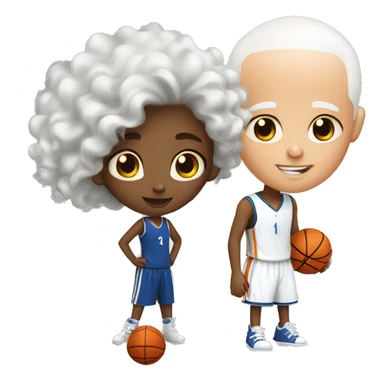 A girl with curly hair playing basketball with a white bald man sticker