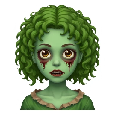 faça uma garota zombie, com a pele verde, cabelo castanho cacheado abaixo do ombro linda sticker