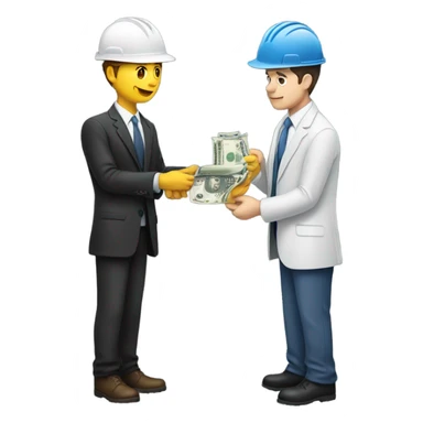 A guy in a suit receiving money from a guy on the ground, but the guy on the ground is a construction worker, both people have white skin sticker