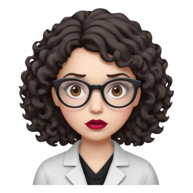 A crazy female scientist, with curly-wavy dark brown medium lenght hair, brown eyes and light grey glasses and pale skin and pinkish lips, dressed to look like an english teacher but in neutral tones like grey black white, maybe with the pop of dark red, she should look slighltly mad/crazy sticker