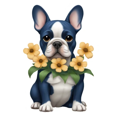 dark blue and tan french bulldog holding flowers sticker