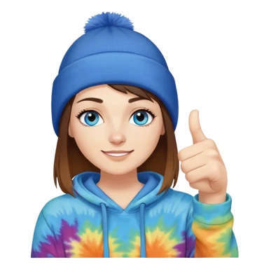 White woman with short brown straight hair and blue eyes with long eyelashes and tiedye hoodie. i would like for her to be doing a thumbs up with one hand and be wearing a black beanie sticker