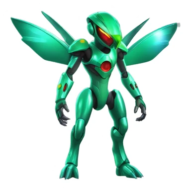 a shiny metallic Genesect-Flygon-Raptor-Fakémon-Medabot-hybrid with a futuristic visor-helmet full body sticker