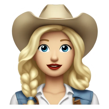 cowgirl with a white cowgirl hat and white scarf and blonde blowout BOB hair with red lipstick and BLUE EYES and a dimple and a white top sticker