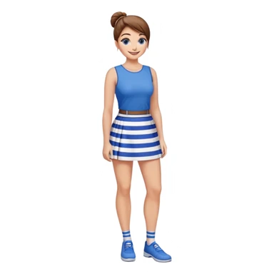 smiling girl Pretty 50-year-old woman with 1 miniskirt that is blue and white striped brown hair in bun blue eyes and pretty legs sticker