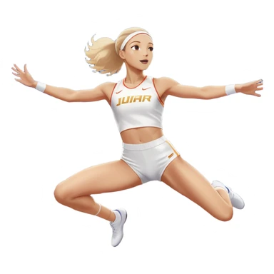 An icon featuring a female high jumper in mid-air, gracefully clearing a bar on a track. She wears a white athletic uniform and appears focused, with the background showcasing a vibrant stadium with cheering spectators and bright lights. Transparent background highlights the elegance  sticker