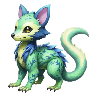 Realistic Sharp swampy mossy elemental ivy detailed Colorful translucent luminescent glowing Trico-Noibat-batty-Sergal-Furret-Ferret-Wolverine-Vernid-furry-fursona-fusion-Fakemon-animal-hybrid-creature, full body sticker