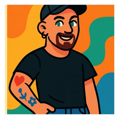 a man with a shaved head, goatee, pierced ear, and green eyes, wearing a black baseball cap, black shirt, jeans, and tattoos on one arm, in a vibrant cartoon style sticker