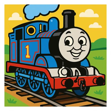 Thomas the Tank Engine, cheerful, blue train, cartoon style sticker
