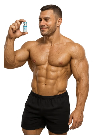 BODYBUILDER A FIGURA INTERA CHE TIENE IN MANO UNA FIALA MEDICA CON la scritta "BPC 157" SULL'ETICHETTA E LA GUARDA SODDISFATTO, iperrealistico 4k sticker