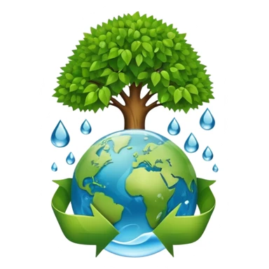 An icon featuring a tree, a recycling symbol, and a globe, representing ecology. The design includes green leaves, a water droplet, and wildlife, symbolizing the study of ecosystems, sustainability, and environmental protection. Transparent background. sticker