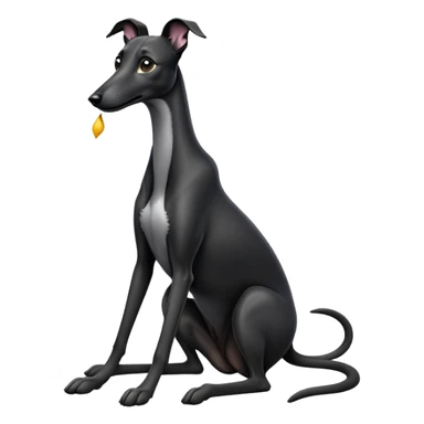 cinematic-[black greyhound]-realistic-full-body-sitting-emoji,-tail-resting-loosely-beside-its-paws,-head-tilted-dramatically, ears drooped, -sleek-[black]-fur,-simplified-yet-realistic-focused-features,-highly-detailed,-glowing-with-an-almost-sarcastic-glow sticker