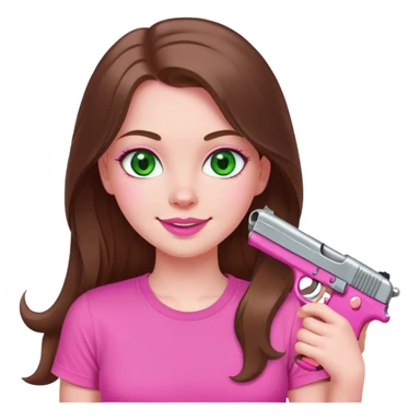 mid sized white skinned girl with green eyes and long brown hair holding a pink pistol smiling in a pink t-shirt with pink lips sticker