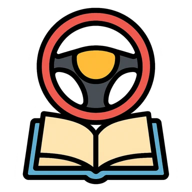 Fahrschule symbol, steering wheel and book, clean, minimal sticker