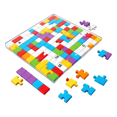 A photorealistic icon with a colorful, fragmented crossword magazine, a 3D puzzle, and a partially completed puzzle on a table. Bright, detailed design with realistic lighting. Transparent background, clearly symbolizing puzzles and brain games. sticker