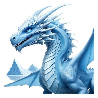 Cinematic Noble wise elegant Ice Dragon Portrait Emoji, Poised and imposing, distinct long elegant snout, with a slender, scaled body shimmering in glacial hues of icy blue, frostbitten silver, and crystalline white, breathing out frost, with piercing, glowing ice blue white eyes that radiate the chilling depths of an arctic storm; rendered in detail. Breathing out a frost mist sticker