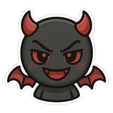 devil emoji in chibi style with gothic palette black and red, small horns, mischievous grin sticker