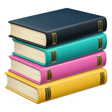 a satck of books: two pink, one green, one yellow, two blues, one black sticker
