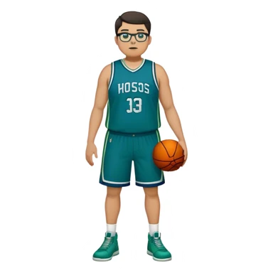Full Body tall plus size white male with dark short hair basketball player wearing glasses wearing blue green uniform sticker