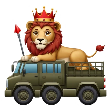 A lion on an army truck with a red crown on his head  sticker