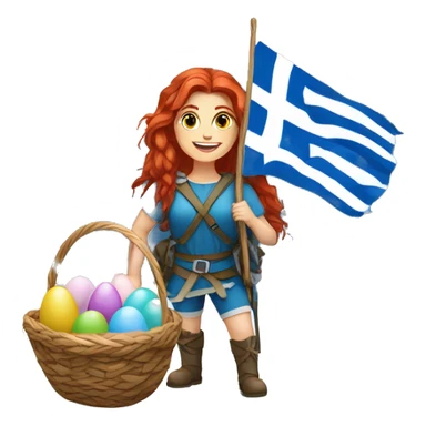 Greek Female winter mountaineer red hair white skin climbing with Greek Flag and Easter eggs basket sticker