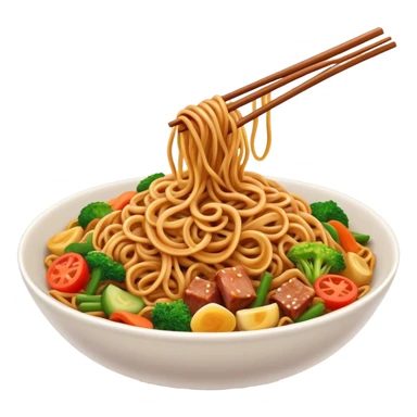 Cinematic Realistic Mie Goreng Dish Emoji, featuring stir‚Äêfried noodles with vegetables and meat rendered with dynamic textures and warm, appetizing lighting. sticker