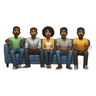 five black mens stand behind the sofa and one white woman sit on sofa sticker