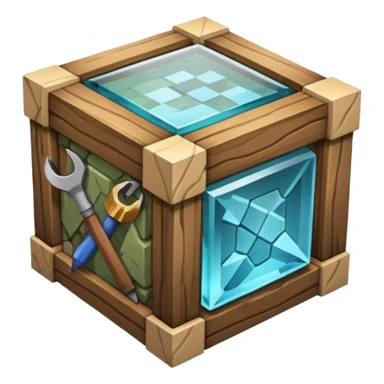 crafting table with tools like a minecraft style cube crafting table 100% like a minecraft table crafting, with on the right, left, a glass showing crafting merging between stone and wood sticker