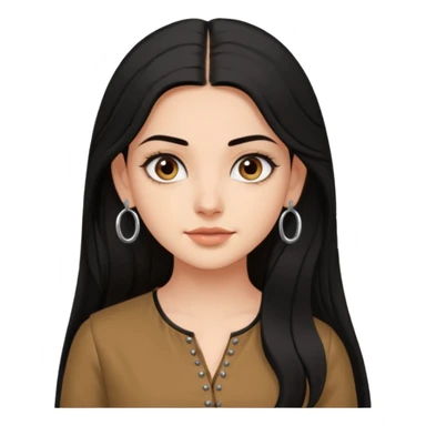 a pretty bratz fair girl with long black hair, kajal under eyes, small silver hoop. brown kurti on sticker