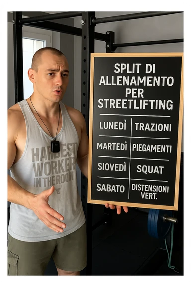 uomo che spiega alla lavagna la "Split di Allenamento" per lo streetlifting. tutto in italiano sticker