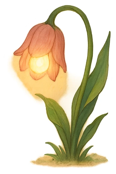 a lamp made out of a tulip flower, the bulb in the flower, drooping over, natural colors, soft, fairy-like atmosphere, no background sticker