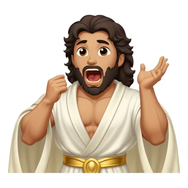 Cinematic Realistic Hercules Portrait, head tilted slightly with a dramatic, wide-open yawn, capturing a moment of relaxed vulnerability in this Disney-inspired Greek hero reminiscent of Michelangelo's David. His idealized bronze skin and thick, wavy dark hair maintain sculptural perfection even in repose, while his flowing white robe with understated golden accents softly catches ambient light, revealing a tender glimpse of serene, timeless strength. sticker