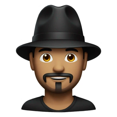 Man with bright red skin, black fedora and black goatee sticker