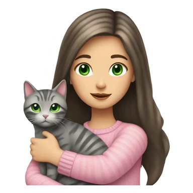Brunette girl with long hair and green eyes in a pink sweater hugs a gray striped cat sticker