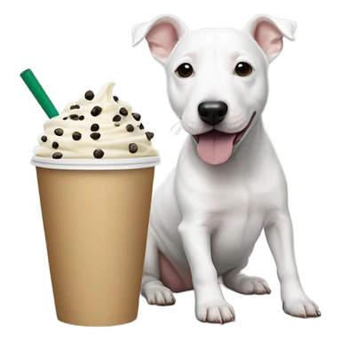 White mini bull terrier with black spots on body and a fluffy parson Russell terrier eating pup cups from Starbucks  sticker