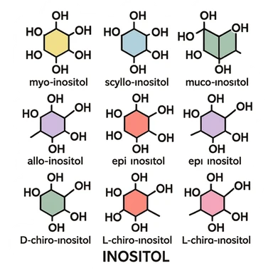 scientific infographic of inositol molecule at center surrounded by 9 isomeric forms: myo-inositol, scyllo-inositol, muco-inositol, neo-inositol, allo-inositol, epi-inositol, cis-inositol, D-chiro-inositol, L-chiro-inositol; each isomer labeled with its name; stylized molecular structures; pastel colors; white background; clean and didactic style sticker