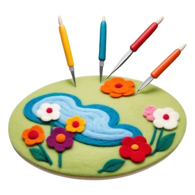 Felt art creation icon, layers of colorful felt being carefully shaped with felting needles into a large picture or decorative design, visible hand tools like felting needles, no finished artwork, just the process of felting, minimalistic style, clean lines, transparent background. sticker