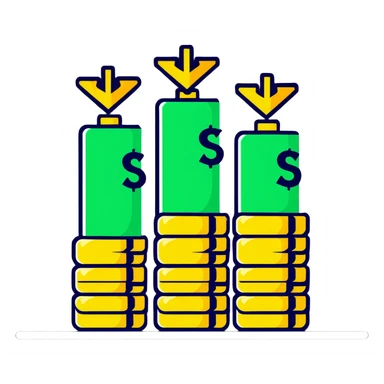 green upward arrow next to three stacks of gold coins in ascending height sticker