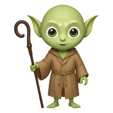 cute little green alien with bald wrinkly head, big oval eyes, giant ears, short and stout body, wearing a brown robe and holding a short walking stick or cane sticker