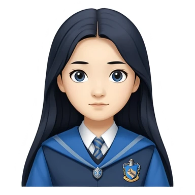 Cho Chang in harry potter, wear hogwarts Ravenclaw uniform, long black hair, not wearing hat sticker