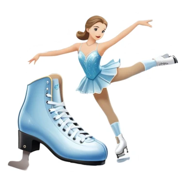An icon showing elegant figure skates in close-up on a glossy ice surface, with a graceful skater performing in the background. The scene is set inside a grand indoor ice arena with spotlights, decorative banners, and a cheering audience. Transparent background. sticker