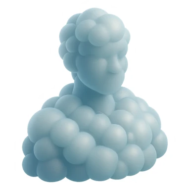 person from shoulders front view, fully composed of bright convex clouds, face also made of clouds, matte glass style sticker